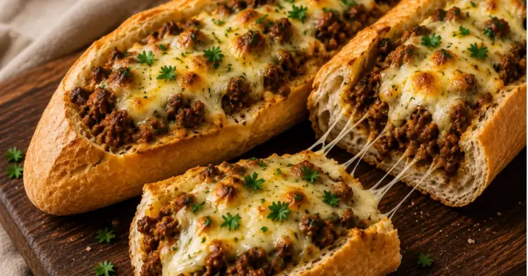 GEVULD STOKBROOD MET GEHAKT EN KAAS op een houten plank