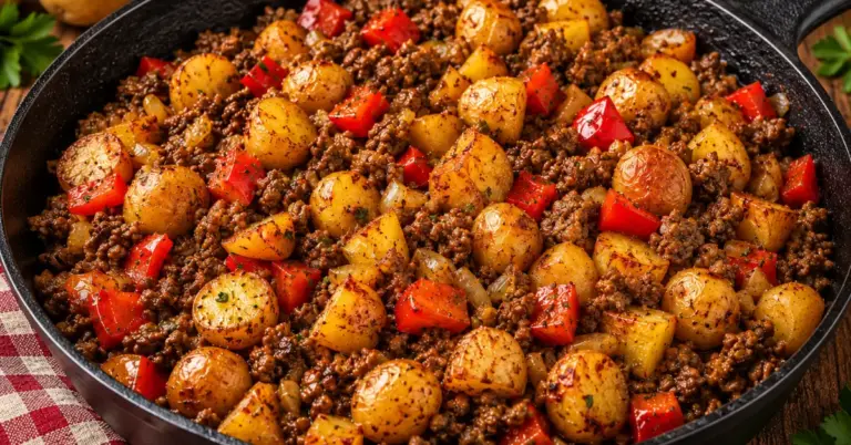 EENPANSGERECHT MET KRIELTJES EN GEHAKT met paprika in een pan