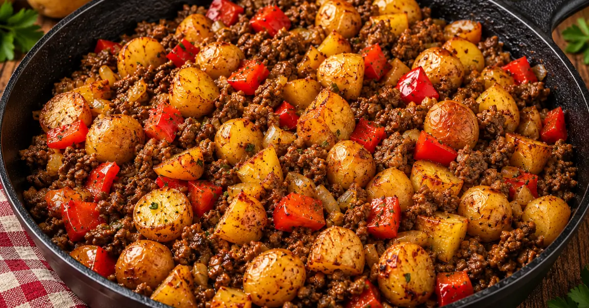 EENPANSGERECHT MET KRIELTJES EN GEHAKT met paprika in een pan