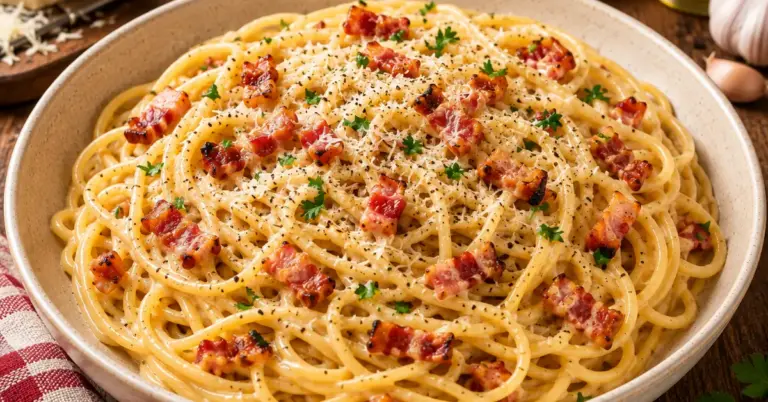 ROMIGE SPAGHETTI CARBONARA met krokant spek en Parmezaanse kaas