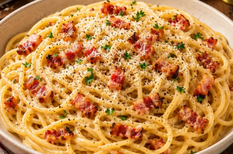 Romige spaghetti carbonara met spek
