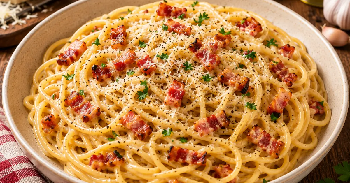 ROMIGE SPAGHETTI CARBONARA met krokant spek en Parmezaanse kaas