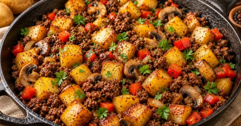 BOERENPAN met gehakt, krokante aardappelen, paprika en champignons