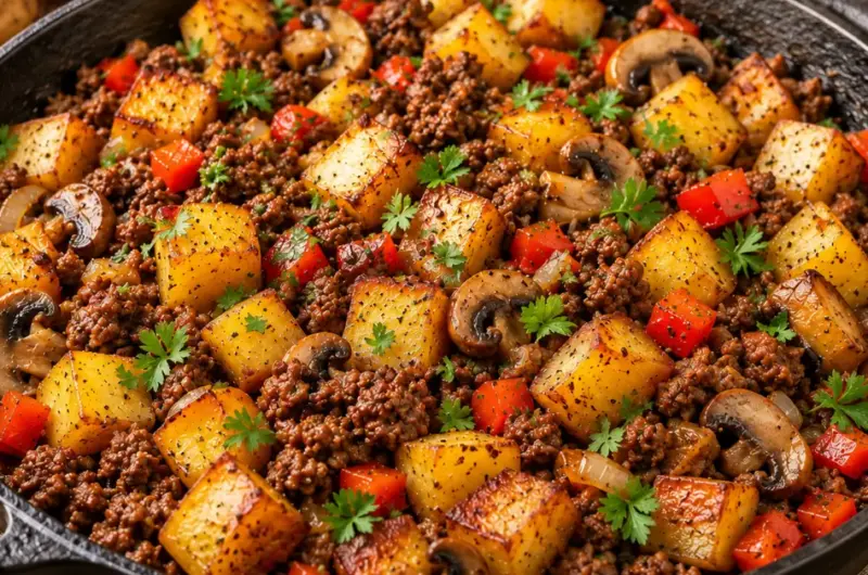 Boerenpan met gehakt en krokante aardappelen