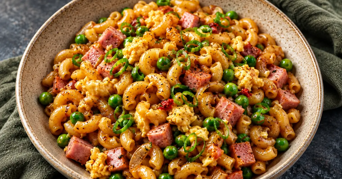 Indische macaroni met ham en ketjap 🍝 met doperwten, ei en lente-ui