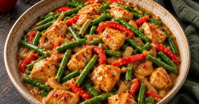Kip met sperziebonen in romige ketjapsaus 🥘 in een ruime pan