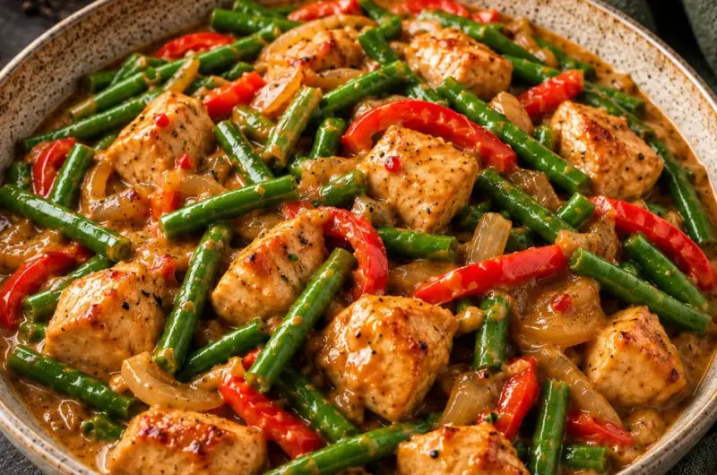 Kip met sperziebonen in romige ketjapsaus