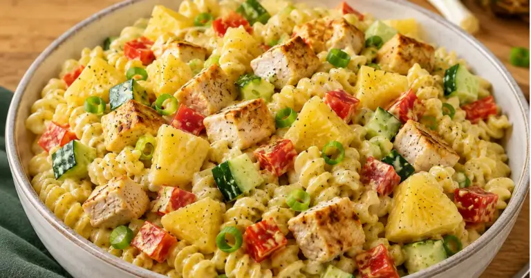 Kip-ananas pastasalade met romige kerriedressing