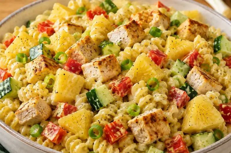 Kip-ananas pastasalade met kerriedressing