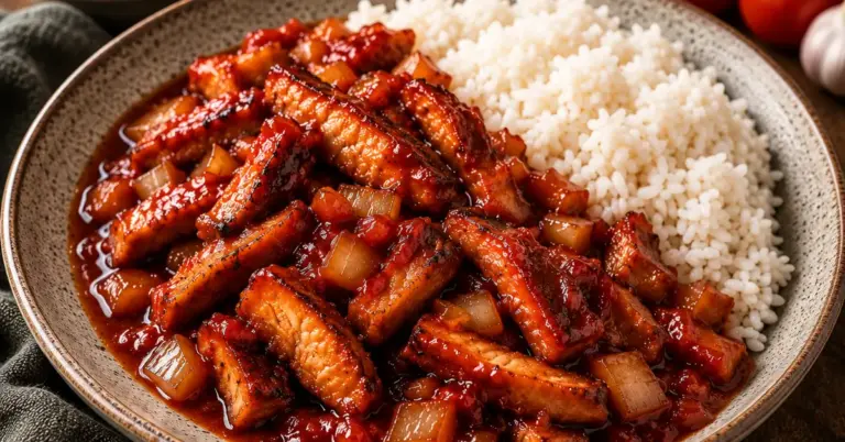 Babi Pangang 🍅 met krokant varkensvlees, zoetzure tomatensaus en rijst