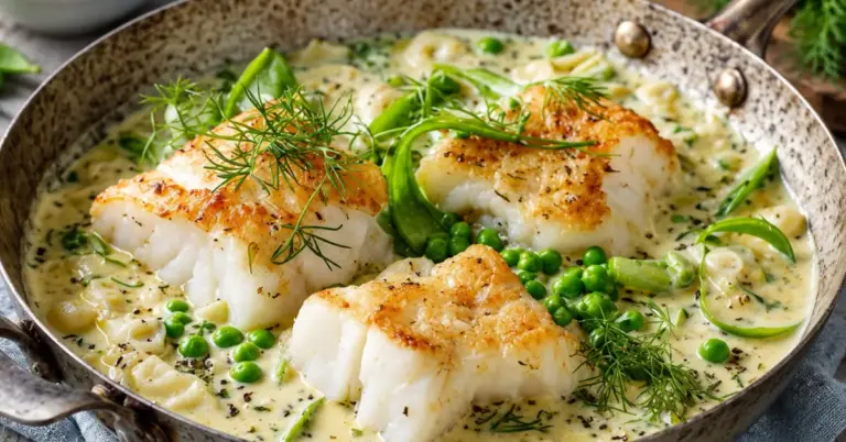 Visovenschotel met kabeljauw, prei en romige dillesaus uit de oven