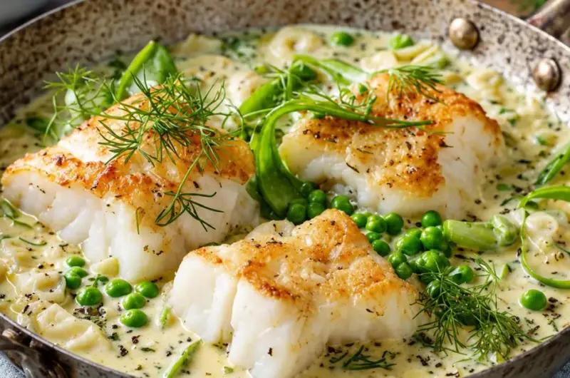 Visovenschotel met kabeljauw, prei en dillesaus