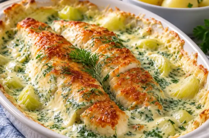 Visovenschotel met kabeljauw, prei en dillesaus