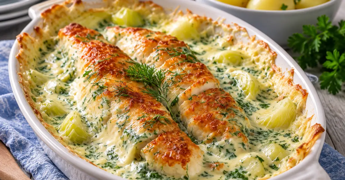 Visovenschotel met kabeljauw, prei en dillesaus uit de oven