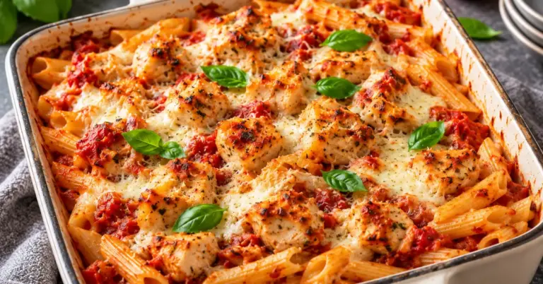 Italiaanse kruidige kip ovenschotel met penne pasta klaar om te serveren
