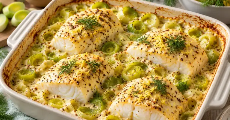 Kabeljauw uit de oven met mosterd-roomsaus en prei in een ovenschaal
