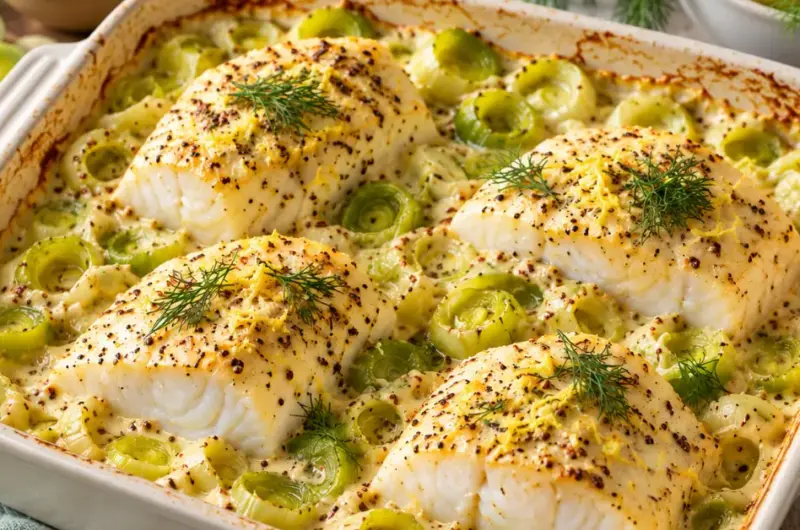 Kabeljauw uit de Oven met Mosterd-Roomsaus en Prei