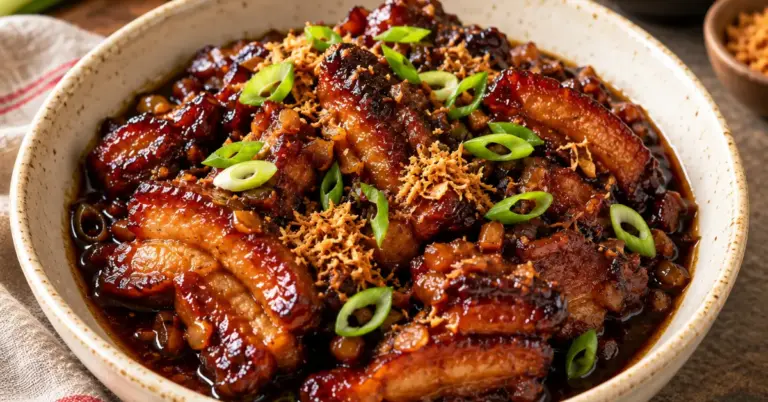 Indische speklapjes in ketjapsaus op een bord met rijst
