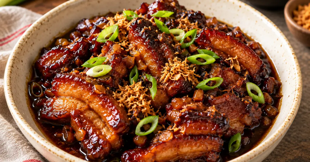 Indische speklapjes in ketjapsaus op een bord met rijst