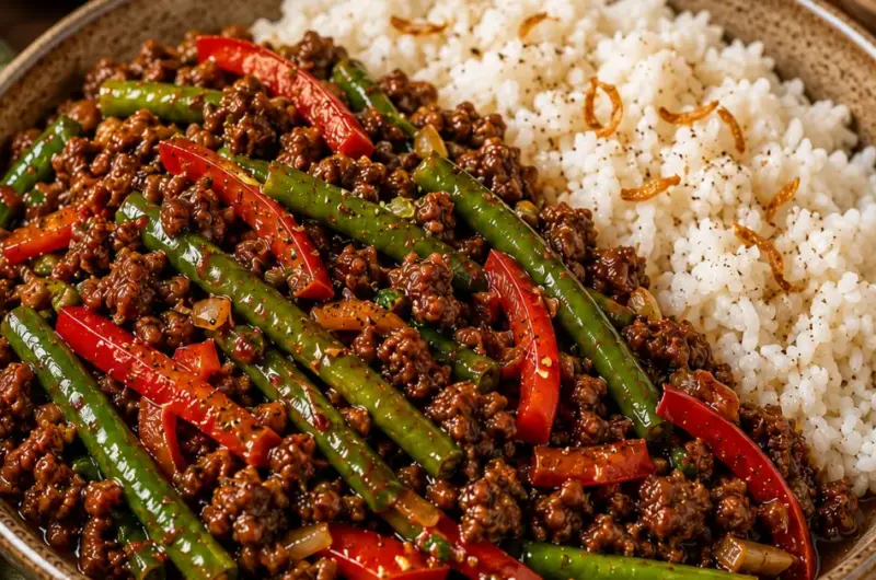 Indonesisch gehakt met sperziebonen en rijst