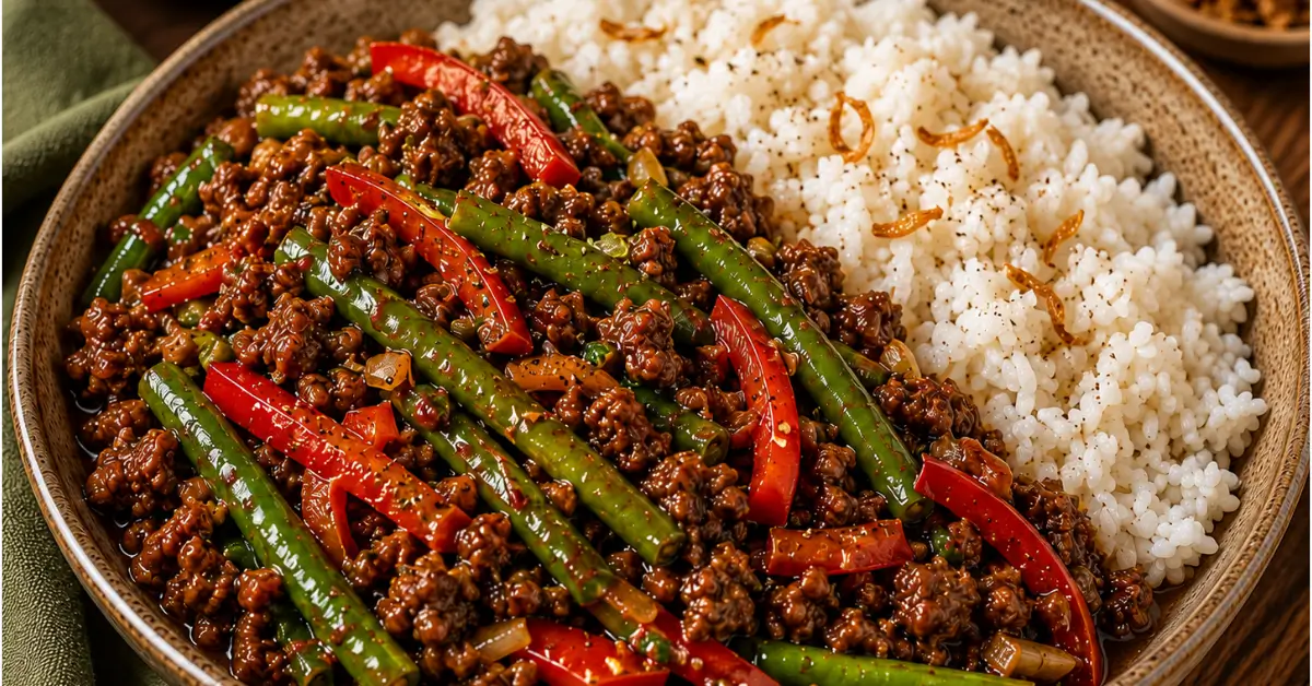 INDONESISCH GEHAKT MET SPERZIEBONEN EN RIJST met paprika en ketjap