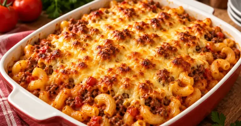 Macaroni ovenschotel met gehakt en goudbruine kaaslaag
