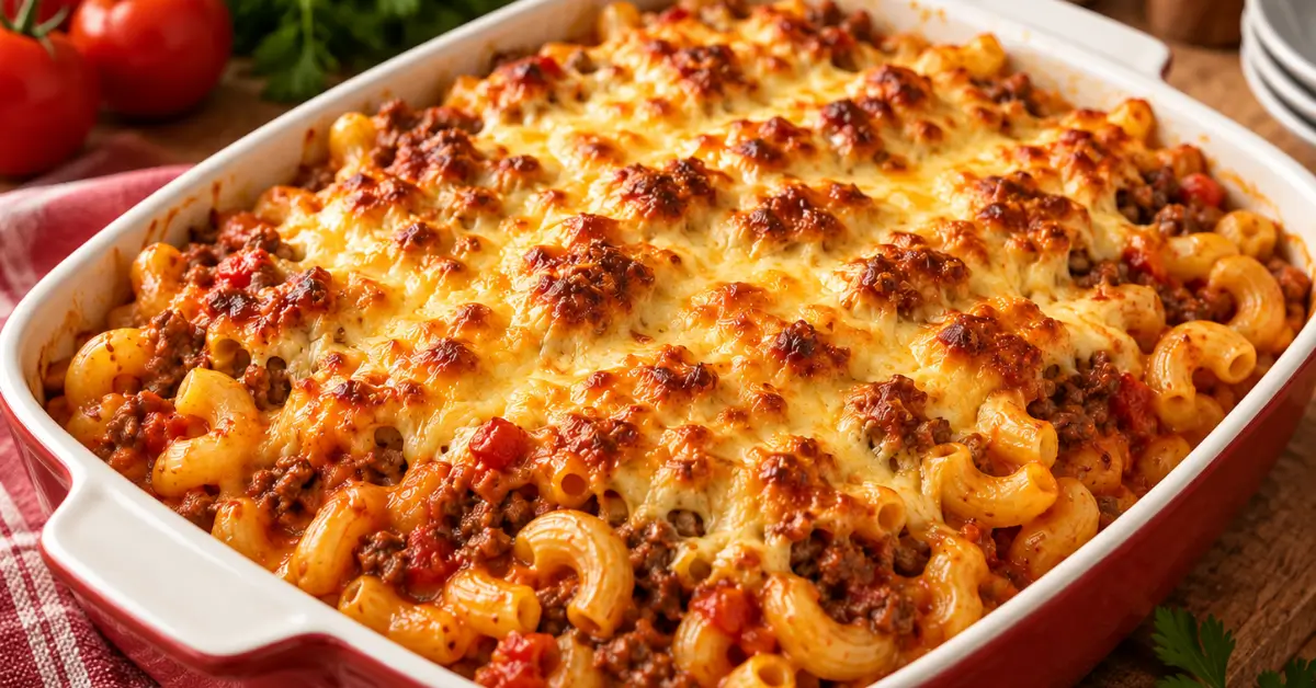 Macaroni ovenschotel met gehakt en goudbruine kaaslaag