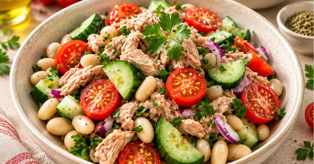 Mediterrane tonijnsalade met bonen in een kom