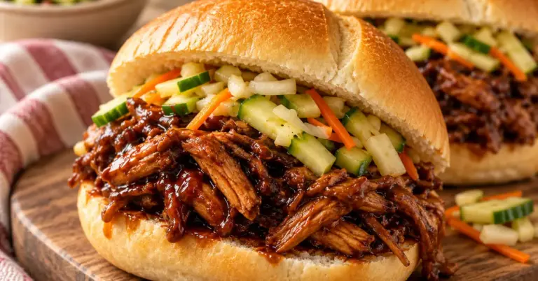 Broodje Indische pulled chicken met atjar ketimoen op een bord