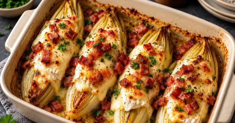 Witlof uit de oven met brie en spek op een bord