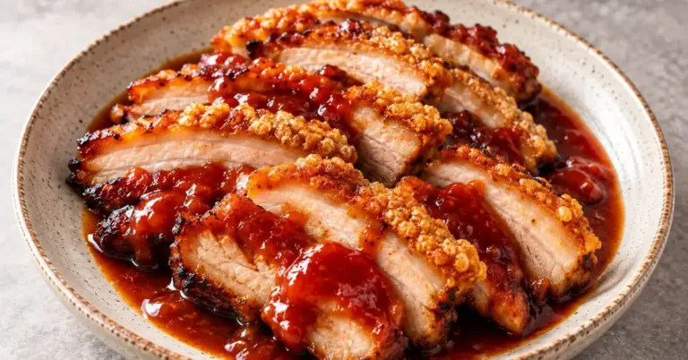 Babi pangang krokant met zoetzure saus op een bord met rijst