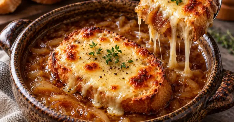 Franse uiensoep met gesmolten Gruyère kaas in een ovenbestendige kom