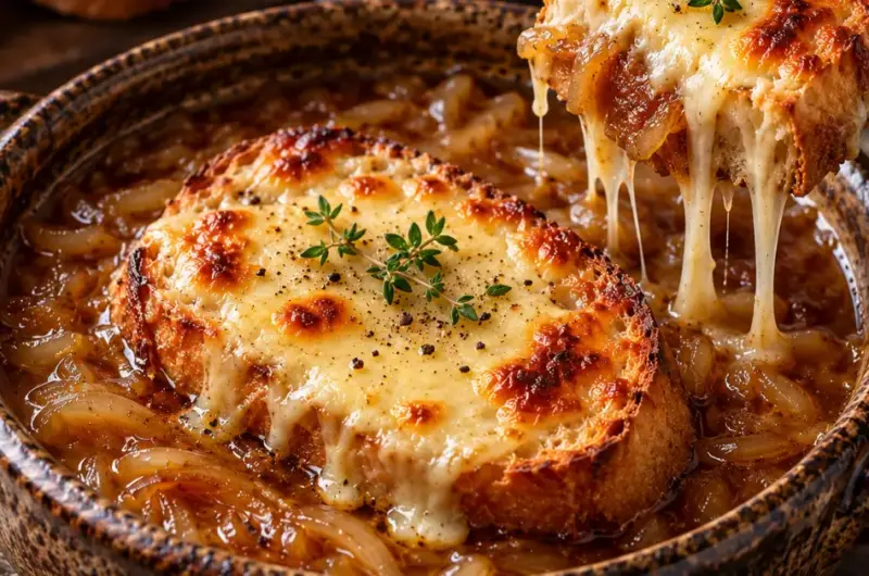 Franse uiensoep met Gruyère en stokbrood