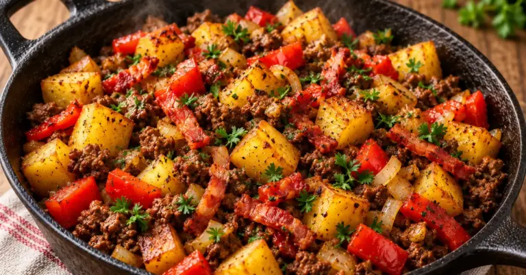 Hollandse boerenpan met gehakt, aardappel, paprika en spekjes op een bord