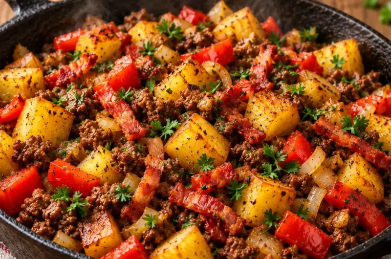 Hollandse boerenpan met gehakt, aardappel, paprika en spekjes