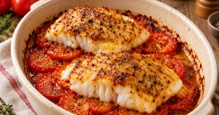 Kabeljauw uit de oven met mosterd-sojasaus en tomaten op een bord