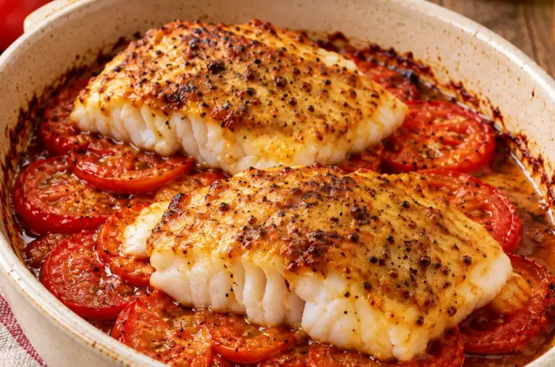 Kabeljauw uit de oven met mosterd-sojasaus en tomaten
