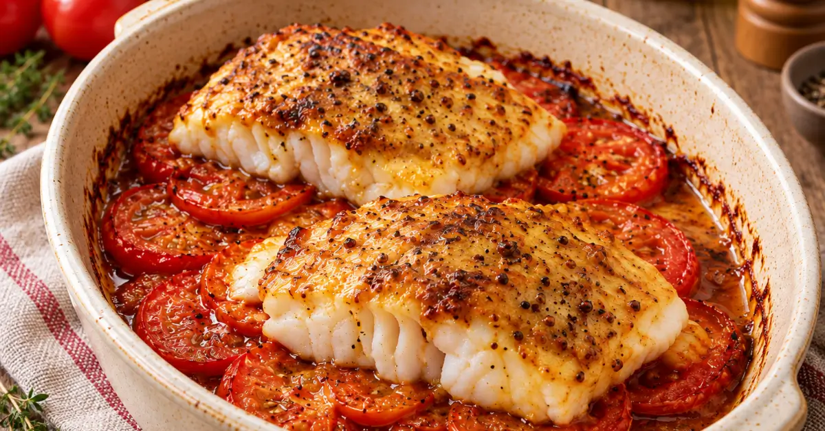 Kabeljauw uit de oven met mosterd-sojasaus en tomaten op een bord