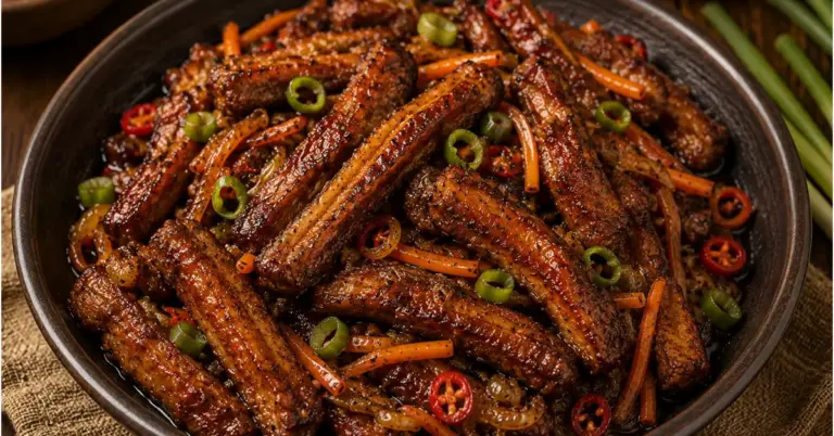 Krokante Indische speklapjes in ketjapsaus met lente-ui