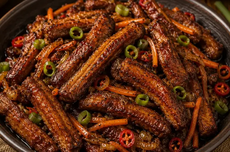 Krokante Indische speklapjes in ketjapsaus