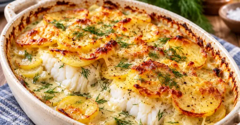 Kabeljauw-ovenschotel met aardappel en romige dillesaus in een ovenschaal