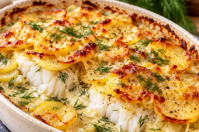 Kabeljauw-ovenschotel met aardappel en romige dillesaus