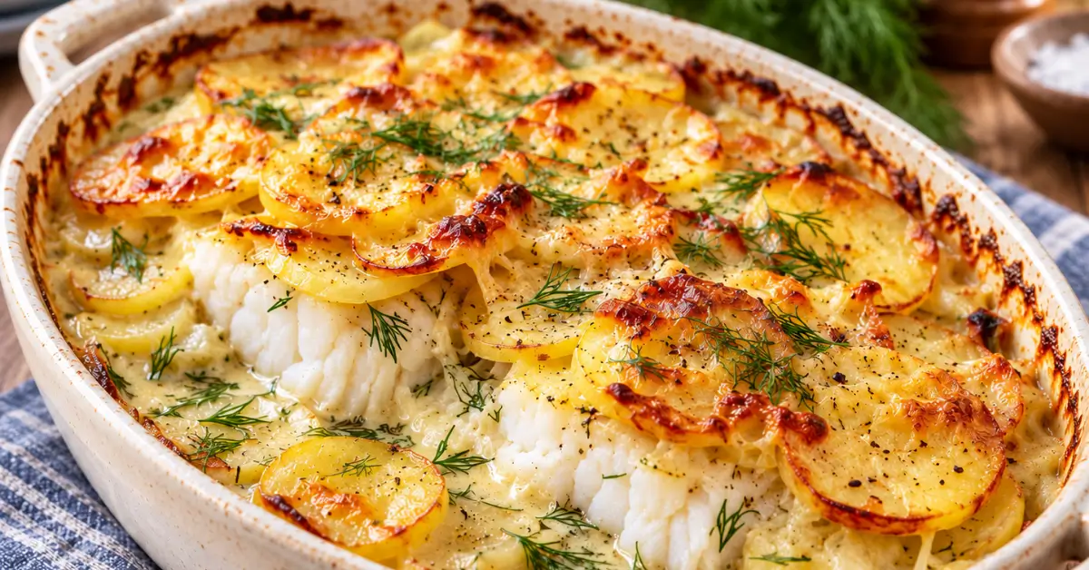 Kabeljauw-ovenschotel met aardappel en romige dillesaus in een ovenschaal