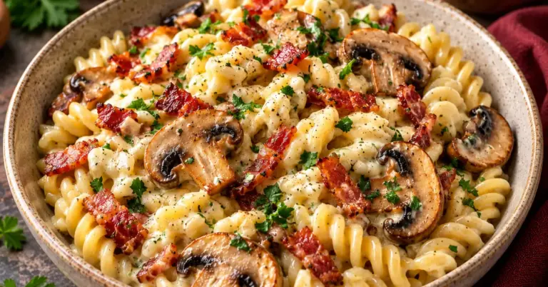 Pasta Boursin met spekjes en champignons op een bord
