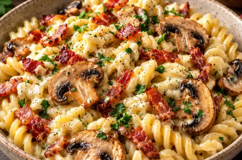 Pasta Boursin met spekjes en champignons