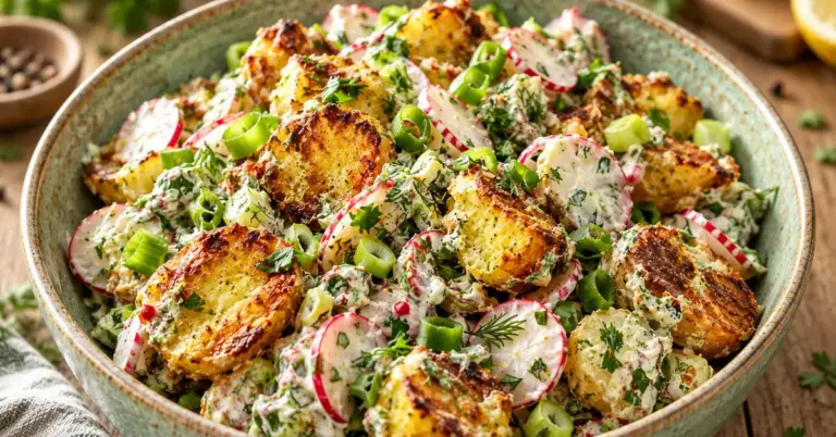 Krokante aardappelsalade met frisse kruidendressing en radijs