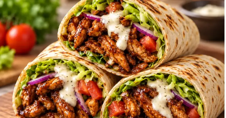 Kip-ketjap shoarma wrap met knoflooksaus op een bord