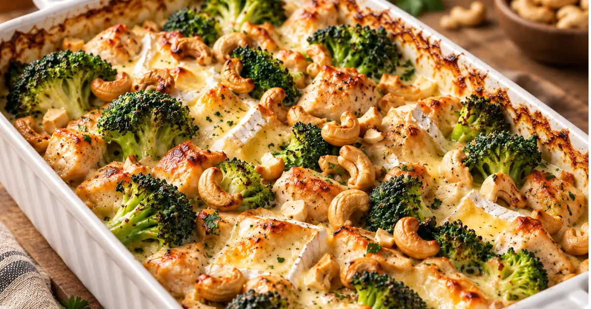 Kip-brie ovenschotel met broccoli en cashewnoten in een ovenschaal