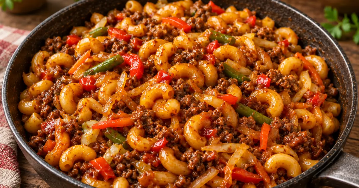 Macaroni op zijn aziatisch met gehakt en nasigroenten in een pan