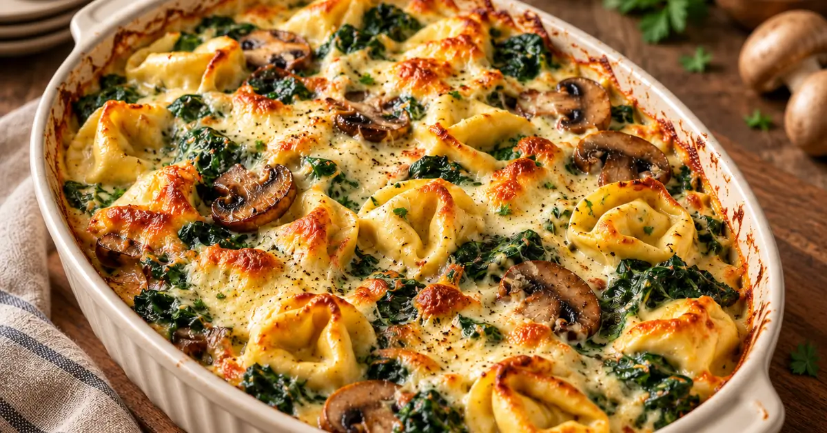 Romige tortellini-ovenschotel met spinazie en champignons in een ovenschaal
